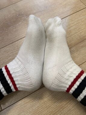 Well Loved. White Athletic Gym Crew Socks with Red & Black Stripes.